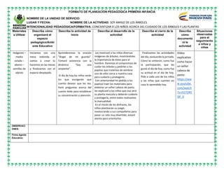 FORMATO DE PLANEACIÓN PEDAGÓGICA PRIMERA INFANCIA
NOMBRE DE LA UNIDAD DE SERVICIO:
LUGAR Y FECHA: NOMBRE DE LA ACTIVIDAD: SOY AMIGO DE LOS ÁRBOLES
INTENCIONALIDAD PEDAGÓGICA/FORMATIVA: CONCIENTIZAR A LOS NIÑOS ACERCA DEL CUIDADO DE LOS ÁRBOLES Y LAS PLANTAS
Materiales
a Utilizar
Describa cómo
organizará el
espacio
pedagógico/Ambi
ente Educativo
Describa la actividad de
inicio
Describa el desarrollo de la
actividad
Describa el cierre de la
actividad
Describa
cómo
documenta
rá la
actividad
Situaciones
observadas
para el
seguimiento
a niños y
niñas
Imágenes –
media
velada –
abono –
semillas de
alpiste
Iniciamos con una
mesa redonda, el
vamos a crear lo
hacemos en las mesas
y finalizamos con el
espacio despejado.
Aprenderemos la oración
“Ángel de mi guarda”.
Tomaré asistencia con la
dinámica “Soy una
serpiente”.
El día de hoy los niños serán
los que escogerán que
cuento desean que les lea.
Haré preguntas acerca del
cuento leído para establecer
su concentración y atención.
Les mostraré a los niños diversas
imágenes de árboles, mostrándoles
la importancia de éstos para el
hombre. Haremos el compromiso de
cuidar los árboles y pedirles a los
papitos que tratemos de sembrar
uno de ellos cerca a nuestra casa
para cuidarlo y protegerlo.
Con anterioridad he pedido a los
papitos traer los materiales para
elaborar un señor cabeza de pasto,
les explicaré a los niños que esa será
su planta mascota y deberán cuidarla
y protegerla, entre todos realizamos
la manualidad.
En el rincón de los disfraces, los
niños plantearán su juego,
involucrando a sus compañeros para
pasar un rato muy divertido, estaré
atenta para orientarlos.
Finalizamos las actividades
del día, evaluando la jornada.
Cómo se sintieron, como fue
la participación, que les
gustó el día de hoy, como fue
su actitud en el día de hoy.
Pido a cada uno de los niños
y las niñas que cuenten en
casa lo aprendido hoy.
Video
explicativo
como hacer
un señor
cabeza de
pasto:
https://ww
w.youtube.
com/watch
?v=H1TORS
SlF_0
OBSERVACI
ONES:
Firma Agente
Educativa:
 