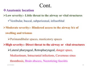 Cont.
Anatomic location
Low severity:- Little threat to the airway or vital structures
Vestibular, buccal, subperiosteal, infraorbital
Moderate severity:- Hindered access to the airway b/c of
swelling and trismus
Perimandibular spaces, masticatory spaces
High severity:- Direct threat to the airway or vital structures
Lateral pharyngeal, Retropharyngeal, danger space,
Mediastinum, Intracranial infections, Cavernous sinus
thrombosis, Brain abscess, Necrotizing fasciitis
12/19/2023 14
 
