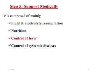 Step 5: Support Medically
Is composed of mainly
Fluid & electrolyte resuscitation
Nutrition
Control of fever
Control of systemic diseases
12/19/2023 22
 