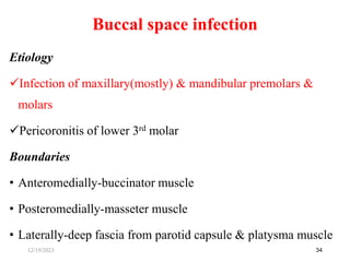 Etiology
Infection of maxillary(mostly) & mandibular premolars &
molars
Pericoronitis of lower 3rd molar
Boundaries
• Anteromedially-buccinator muscle
• Posteromedially-masseter muscle
• Laterally-deep fascia from parotid capsule & platysma muscle
34
Buccal space infection
12/19/2023
 