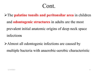 Cont.
The palatine tonsils and peritonsilar area in children
and odontogenic structures in adults are the most
prevalent initial anatomic origins of deep neck space
infections
Almost all odontogenic infections are caused by
multiple bacteria with anaerobic-aerobic characteristic
12/19/2023 4
 