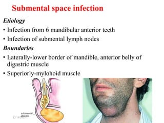 Etiology
• Infection from 6 mandibular anterior teeth
• Infection of submental lymph nodes
Boundaries
• Laterally-lower border of mandible, anterior belly of
digastric muscle
• Superiorly-mylohoid muscle
45
Submental space infection
12/19/2023
 