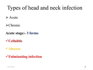  Acute
Chronic
Acute stage:- 3 forms
Cellulitis
Abscess
Fulminating infection
8
Types of head and neck infection
12/19/2023
 
