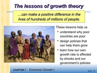 CHAPTER 7CHAPTER 7 Economic Growth IEconomic Growth I slide 12
The lessons of growth theoryThe lessons of growth theory
……can make a positive difference in thecan make a positive difference in the
lives of hundreds of millions of people.lives of hundreds of millions of people.
These lessons help us
 understand why poor
countries are poor
 design policies that
can help them grow
 learn how our own
growth rate is affected
by shocks and our
government’s policies
 