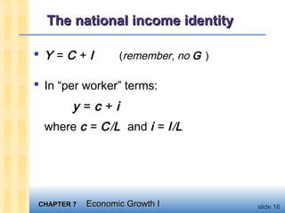 CHAPTER 7CHAPTER 7 Economic Growth IEconomic Growth I slide 18
The national income identityThe national income identity
 Y = C + I (remember, no G )
 In “per worker” terms:
y = c + i
where c = C/L and i = I/L
 