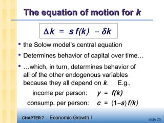 CHAPTER 7CHAPTER 7 Economic Growth IEconomic Growth I slide 25
The equation of motion forThe equation of motion for kk
 the Solow model’s central equation
 Determines behavior of capital over time…
 …which, in turn, determines behavior of
all of the other endogenous variables
because they all depend on k. E.g.,
income per person: y = f(k)
consump. per person: c = (1–s)f(k)
∆k = s f(k) – δk
 