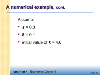 CHAPTER 7CHAPTER 7 Economic Growth IEconomic Growth I slide 37
A numerical example,A numerical example, cont.cont.
Assume:
 s = 0.3
 δ = 0.1
 initial value of k = 4.0
 