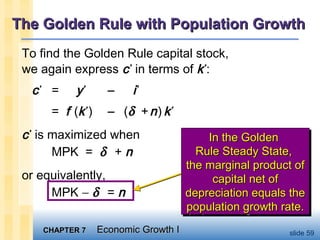 CHAPTER 7CHAPTER 7 Economic Growth IEconomic Growth I slide 59
The Golden Rule with Population GrowthThe Golden Rule with Population Growth
To find the Golden Rule capital stock,
we again express c*
in terms of k*
:
c*
= y*
− i*
= f (k*
) − (δ +n) k*
c*
is maximized when
MPK = δ + n
or equivalently,
MPK − δ = n
In the GoldenIn the Golden
Rule Steady State,Rule Steady State,
the marginal product ofthe marginal product of
capital net ofcapital net of
depreciation equals thedepreciation equals the
population growth rate.population growth rate.
In the GoldenIn the Golden
Rule Steady State,Rule Steady State,
the marginal product ofthe marginal product of
capital net ofcapital net of
depreciation equals thedepreciation equals the
population growth rate.population growth rate.
 