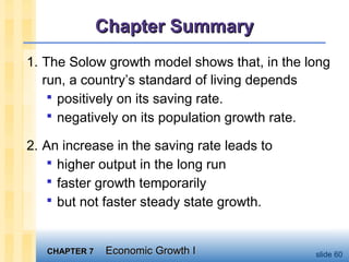 CHAPTER 7CHAPTER 7 Economic Growth IEconomic Growth I slide 60
Chapter SummaryChapter Summary
1. The Solow growth model shows that, in the long
run, a country’s standard of living depends
 positively on its saving rate.
 negatively on its population growth rate.
2. An increase in the saving rate leads to
 higher output in the long run
 faster growth temporarily
 but not faster steady state growth.
 