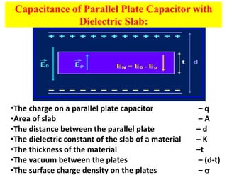 Capacitance of Parallel Plate Capacitor with
Dielectric Slab:
•The charge on a parallel plate capacitor – q
•Area of slab – A
•The distance between the parallel plate – d
•The dielectric constant of the slab of a material – K
•The thickness of the material –t
•The vacuum between the plates – (d-t)
•The surface charge density on the plates – 
 