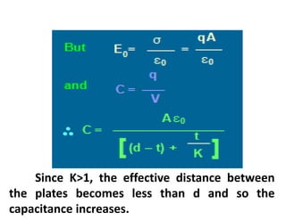 Since K>1, the effective distance between
the plates becomes less than d and so the
capacitance increases.
 