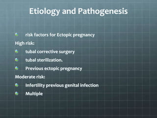 Etiology and Pathogenesis
risk factors for Ectopic pregnancy
High risk:
tubal corrective surgery
tubal sterilization.
Previous ectopic pregnancy
Moderate risk:
Infertility previous genital infection
Multiple
 