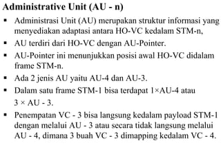 Administrative Unit (AU - n)
 Administrasi Unit (AU) merupakan struktur informasi yang
menyediakan adaptasi antara HO-VC kedalam STM-n,
 AU terdiri dari HO-VC dengan AU-Pointer.
 AU-Pointer ini menunjukkan posisi awal HO-VC didalam
frame STM-n.
 Ada 2 jenis AU yaitu AU-4 dan AU-3.
 Dalam satu frame STM-1 bisa terdapat 1×AU-4 atau
3 × AU - 3.
 Penempatan VC - 3 bisa langsung kedalam payload STM-1
dengan melalui AU - 3 atau secara tidak langsung melalui
AU - 4, dimana 3 buah VC - 3 dimapping kedalam VC - 4.
 