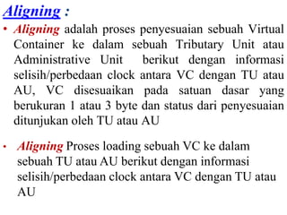 Aligning :
• Aligning adalah proses penyesuaian sebuah Virtual
Container ke dalam sebuah Tributary Unit atau
Administrative Unit berikut dengan informasi
selisih/perbedaan clock antara VC dengan TU atau
AU, VC disesuaikan pada satuan dasar yang
berukuran 1 atau 3 byte dan status dari penyesuaian
ditunjukan oleh TU atau AU pointer.
• Aligning Proses loading sebuah VC ke dalam
sebuah TU atau AU berikut dengan informasi
selisih/perbedaan clock antara VC dengan TU atau
AU
 