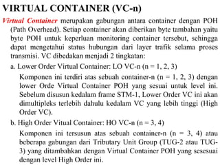VIRTUAL CONTAINER (VC-n)
Virtual Container merupakan gabungan antara container dengan POH
(Path Overhead). Setiap container akan diberikan byte tambahan yaitu
byte POH untuk keperluan monitoring container tersebut, sehingga
dapat mengetahui status hubungan dari layer trafik selama proses
transmisi. VC dibedakan menjadi 2 tingkatan:
a. Lower Order Virtual Container: LO VC-n (n = 1, 2, 3)
Komponen ini terdiri atas sebuah container-n (n = 1, 2, 3) dengan
lower Orde Virtual Container POH yang sesuai untuk level ini.
Sebelum disusun kedalam frame STM-1, Lower Order VC ini akan
dimultipleks terlebih dahulu kedalam VC yang lebih tinggi (High
Order VC).
b. High Order Vitual Container: HO VC-n (n = 3, 4)
Komponen ini tersusun atas sebuah container-n (n = 3, 4) atau
beberapa gabungan dari Tributary Unit Group (TUG-2 atau TUG-
3) yang ditambahkan dengan Virtual Container POH yang sesesuai
dengan level High Order ini.
 