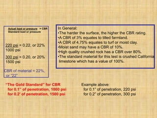 “The Gold Standard” for CBR
for 0.1” of penetration, 1000 psi
for 0.2’ of penetration, 1500 psi
Example above:
for 0.1” of penetration, 220 psi
for 0.2” of penetration, 300 psi
220 psi = 0.22, or 22%
1000 psi
300 psi = 0.20, or 20%
1500 psi
CBR of material = 22%,
or “22”
In General:
•The harder the surface, the higher the CBR rating.
•A CBR of 3% equates to tilled farmland.
•A CBR of 4.75% equates to turf or moist clay.
•Moist sand may have a CBR of 10%.
•High quality crushed rock has a CBR over 80%.
•The standard material for this test is crushed California
limestone which has a value of 100%.
Actual load or pressure = CBR
Standard load or pressure
 