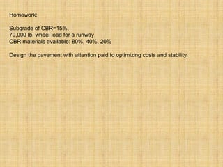 Homework:
Subgrade of CBR=15%,
70,000 lb. wheel load for a runway
CBR materials available: 80%, 40%, 20%
Design the pavement with attention paid to optimizing costs and stability.
 