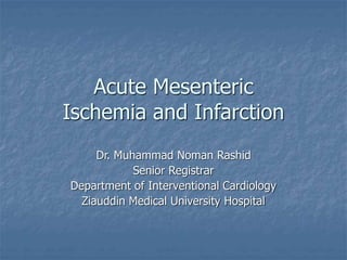 Acute Mesenteric
Ischemia and Infarction
Dr. Muhammad Noman Rashid
Senior Registrar
Department of Interventional Cardiology
Ziauddin Medical University Hospital
 