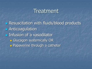 Treatment
 Resuscitation with fluids/blood products
 Anticoagulation
 Infusion of a vasodilator
 Glucagon systemically OR
 Papaverine through a catheter
 