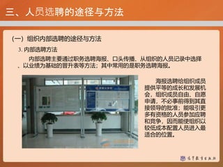 三、人员选聘的途径与方法
（一）组织内部选聘的途径与方法
3. 内部选聘方法
内部选聘主要通过职务选聘海报、口头传播、从组织的人员记录中选择
、以业绩为基础的晋升表等方法；其中常用的是职务选聘海报。
海报选聘给组织成员
提供平等的成长和发展机
会，组织成员自由、自愿
申请，不必事前得到其直
接领导的批准；能吸引更
多有资格的人员参加应聘
和竞争，因而能使组织以
较低成本配置人员进入最
适合的位置。
 