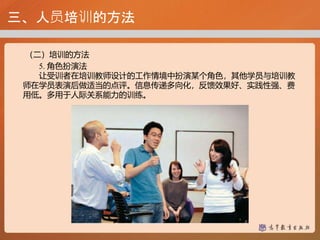 三、人员培训的方法
（二）培训的方法
5. 角色扮演法
让受训者在培训教师设计的工作情境中扮演某个角色，其他学员与培训教
师在学员表演后做适当的点评。信息传递多向化，反馈效果好、实践性强、费
用低。多用于人际关系能力的训练。
 