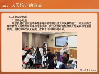 三、人员培训的方法
（二）培训的方法
5. 互动小组法
让学员通过培训活动中的亲身体验增强处理人际关系的能力。此法主要适
用于管理人员的实践训练与沟通训练。其优点是可明显提高人际关系与沟通的
能力，但其效果在很大程度上依赖于培训教师的水平。
 