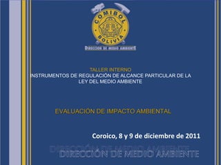 EVALUACIÓN DE IMPACTO AMBIENTAL
Coroico, 8 y 9 de diciembre de 2011
TALLER INTERNO
INSTRUMENTOS DE REGULACIÓN DE ALCANCE PARTICULAR DE LA
LEY DEL MEDIO AMBIENTE
 