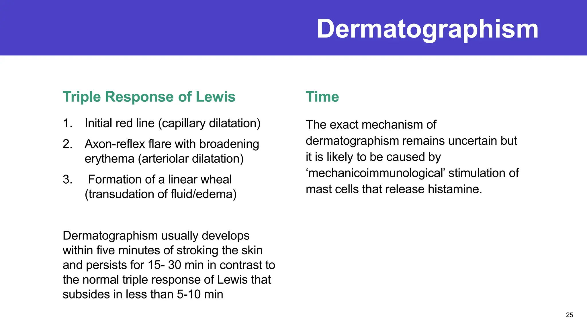 Dermatographism
Triple Response of Lewis
1. Initial red line (capillary dilatation)
2. Axon-reflex flare with broadening
erythema (arteriolar dilatation)
3. Formation of a linear wheal
(transudation of fluid/edema)
Dermatographism usually develops
within five minutes of stroking the skin
and persists for 15- 30 min in contrast to
the normal triple response of Lewis that
subsides in less than 5-10 min
Time
The exact mechanism of
dermatographism remains uncertain but
it is likely to be caused by
‘mechanicoimmunological’ stimulation of
mast cells that release histamine.
25
 