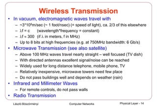 László Böszörményi Computer Networks Physical Layer - 14
Wireless Transmission
• In vacuum, electromagnetic waves travel with
– ~3*108m/sec (~ 1 foot/nsec) (= speed of light), ca. 2/3 of this elsewhere
– λf = c (wavelength*frequency = constant)
– λf ≈ 300 (if λ in meters, f in MHz)
– Up to 8 bits at high frequencies (e.g. at 750MHz bandwidth: 6 Gb/s)
• Microwave Transmission (see also satellite)
– Above 100 MHz waves travel nearly straight – well focused (TV dish)
– With directed antennas excellent signal/noise can be reached
– Widely used for long distance telephone, mobile phone, TV
– Relatively inexpensive, microwave towers need few place
– Do not pass buildings well and depends on weather (rain)
• Infrared and Millimeter Waves
– For remote controls, do not pass walls
• Radio Transmission
 