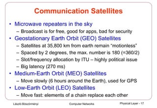 László Böszörményi Computer Networks Physical Layer - 17
Communication Satellites
• Microwave repeaters in the sky
– Broadcast is for free, good for apps, bad for security
• Geostationary Earth Orbit (GEO) Satellites
– Satellites at 35,800 km from earth remain “motionless”
– Spaced by 2 degrees, the max. number is 180 (=360/2)
– Slot/frequency allocation by ITU – highly political issue
– Big latency (270 ms)
• Medium-Earth Orbit (MEO) Satellites
– Move slowly (6 hours around the Earth), used for GPS
• Low-Earth Orbit (LEO) Satellites
– Move fast: elements of a chain replace each other
 