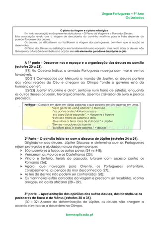 Língua Portuguesa – 9º Ano
Os Lusíadas
bemexplicado.pt
O plano da viagem e o plano mitológico
Em toda a narração estão presentes dois planos – O Plano da Viagem e o Plano dos Deuses.
Esta associação revela que a viagem de descoberta do caminho marítimo para a Índia depende do
parecer favorável dos deuses.
Os deuses, ao dificultarem ou facilitarem a viagem dos portugueses, permitem que a acção se
desenvolva.
O Plano dos Deuses ou Mitológico era fundamental numa epopeia, mas nesta obra os deuses não
têm apenas a função de embelezar a acção, eles são elementos geradores da própria acção.
A 1ª parte - Descreve-nos o espaço e a organização dos deuses no consílio
(estrofes 20 a 23).
(19) No Oceano Indico, a armada Portuguesa navega com mar e ventos
favoráveis.
(20-21) Convocados por Mercurio a mando de Jupiter, os deuses partem
das várias regiões do Céu e chegam ao Olimpo “onde o governo está da
humana gente”.
(22-23) Júpiter n”sublime e dino”, senta-se num trono de estrelas, enquanto
os outros deuses ocupam, hierarquicamente, assentos cravados de ouro e pedras
preciosas.
Perífrase – Consiste em dizer em várias palavras o que poderia ser dito apenas em uma.
“neto gentil do velho Atlante” = Mercúrio
“as partes onde / A Aurora nasce
e o claro Sol se esconde”. = Nascente / Poente
“Estava o Padre ali sublime e dino,
Que vibra os feros raios de Vulcano,” = Júpiter
"Eternos moradores do luzente
Estelífero pólo, e claro assento,” = deuses
2ª Parte – O consílio inicia-se com o discurso de Júpiter (estrofes 24 a 29).
Dirigindo-se aos deuses, Júpiter Discursa e determina que os Portugueses
sejam protegidos e ajudados na sua viagem porque:
 São superiores a todos os outros povos (24 vv.4-8);
 Venceram os Mouros e os Castelhanos (25);
 Viriato e Sertório, heróis do passado, lutaram com sucesso contra os
Romanos (26);
 Agora, que navegam para Oriente, os Portugueses enfrentam,
corajosamente, os perigos do mar desconhecido (27);
 As leis do destino não podem ser contrariadas (28);
 Os marinheiros estão cansados da viagem e precisam ser recebidos, «como
amigos», na costa africana (28 – 29).
3ª parte - Apresentação das opiniões dos outros deuses, destacando-se os
pareceres de Baco e de Vénus (estrofes 30 a 35).
(30 – 32) Apesar da determinação de Júpiter, os deuses não chegam a
acordo e instala-se a desordem no Olimpo.
 