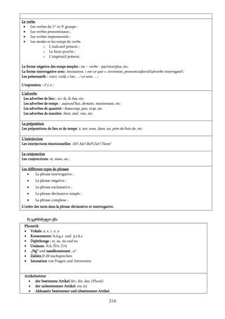 214
Le verbe
 Les verbes du 1er
et 3e
groupe ;
 Les verbes pronominaux ;
 Les verbes impersonnels ;
 Les modes et les temps du verbe
o L'indicatif présent ;
o Le futur proche ;
o L'impératif présent;
La forme négative des temps simples : ne – verbe – pas/rien/plus, etc.
La forme interrogative avec: intonation, « est-ce que », inversion, pronom/adjectif/adverbe interrogatif ;
Les présentatifs : voici, voilà, c’est… / ce sont… ;
L’expression : il y a ;
L’adverbe
Les adverbes de lieu : ici, là, là-bas, etc.
Les adverbes de temps : aujourd’hui, demain, maintenant, etc.
Les adverbes de quantité : beaucoup, peu, trop, etc.
Les adverbes de manière: bien, mal, vite, etc.
La préposition
Les prépositions de lieu et de temps: à, sur, sous, dans, en, près de/loin de, etc.
L’interjection
Les interjections émotionnelles: Ah! Aïe! Bof! Zut! Tiens!
La conjonction
Les conjonctions: et, mais, ou ;
Les différents types de phrases
 La phrase interrogative ;
 La phrase négative ;
 La phrase exclamative ;
 La phrase déclarative simple ;
 La phrase complexe ;
L’ordre des mots dans la phrase déclarative et interrogarive.
ბ) გერმანული ენა
Phonetik
 Vokale: a, e, i, o, u
 Konsonanten: b,d,g,z und p,t,k,s
 Diphthonge : ei, au, äu und eu
 Umlaute: Ä/ä, Ö/ö, Ü/ü
 ,,Ng“ und nasalkonsonant ,,n“
 Zahlen 0-20 nachsprechen
 Intonation von Fragen und Antworten
Artikelwörter
 der bestimmte Artikel der, die, das; (Plural)
 der unbestimmter Artikel: ein (e)
 Akkusativ bestimmter und ubestimmter Artikel
 