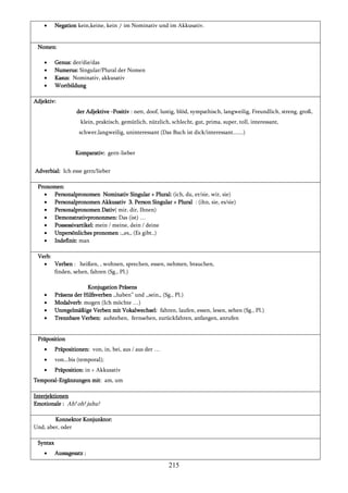 215
 Negation kein,keine, kein ) im Nominativ und im Akkusativ.
Nomen:
 Genus: der/die/das
 Numerus: Singular/Plural der Nomen
 Kasus: Nominativ, akkusativ
 Wortbildung
Adjektiv:
der Adjektive -Positiv : nett, doof, lustig, blöd, sympathisch, langweilig, Freundlich, streng, groß,
klein, praktisch, gemütlich, nützlich, schlecht, gut, prima, super, toll, interessant,
schwer,langweilig, uninteressant (Das Buch ist dick/interessant.......)
Komparativ: gern-lieber
Adverbial: Ich esse gern/lieber
Pronomen:
 Personalpronomen Nominativ Singular + Plural: (ich, du, er/sie, wir, sie)
 Personalpronomen Akkusativ 3. Person Singular + Plural : (ihn, sie, es/sie)
 Personalpronomen Dativ( mir, dir, Ihnen)
 Demonstrativprononmen: Das (ist) …
 Possessivartikel: mein / meine, dein / deine
 Unpersönliches pronomen :,,es,, (Es gibt..)
 Indefinit: man
Verb:
 Verben : heißen, , wohnen, sprechen, essen, nehmen, brauchen,
finden, sehen, fahren (Sg., Pl.)
Konjugation Präsens
 Präsens der Hilfsverben ,,haben” und ,,sein,, (Sg., Pl.)
 Modalverb: mogen (Ich möchte …)
 Unregelmäßige Verben mit Vokalwechsel: fahren, laufen, essen, lesen, sehen (Sg., Pl.)
 Trennbare Verben: aufstehen, fernsehen, zurückfahren, anfangen, anrufen
Präposition
 Präpositionen: von, in, bei, aus / aus der …
 von...bis (temporal);
 Präposition: in + Akkusativ
Temporal-Ergänzungen mit: am, um
Interjektionen
Emotionale : Ah! oh! juhu!
 Konnektor Konjunktor:
Und, aber, oder
Syntax
 Aussagesatz ;
 