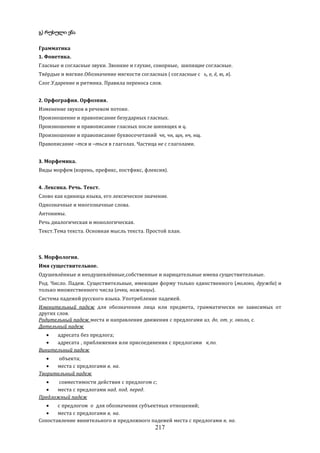 217
გ) რუსული ენა
Грамматика
1. Фонетика.
Гласные и согласные звуки. Звонкие и глухие, сонорные, шипящие согласные.
Твёрдые и мягкие.Обозначение мягкости согласных ( согласные с ь, е, ё, ю, я).
Слог.Ударение и ритмика. Правила переноса слов.
2. Орфография. Орфоэпия.
Изменение звуков в речевом потоке.
Произношение и правописание безударных гласных.
Произношение и правописание гласных после шипящих и ц.
Произношение и правописание буквосочетаний чк, чн, щн, нч, нщ.
Правописание –тся и –ться в глаголах. Частица не с глаголами.
3. Морфемика.
Виды морфем (корень, префикс, постфикс, флексия).
4. Лексика. Речь. Текст.
Слово как единица языка, его лексическое значение.
Однозначные и многозначные слова.
Антонимы.
Речь диалогическая и монологическая.
Текст.Тема текста. Основная мысль текста. Простой план.
5. Морфология.
Имя существительное.
Одушевлённые и неодушевлённые,собственные и нарицательные имена существительные.
Род. Число. Падеж. Существительные, имеющие форму только единственного (молоко, дружба) и
только множественного числа (очки, ножницы).
Система падежей русского языка. Употребление падежей.
Именительный падеж для обозначения лица или предмета, грамматически не зависимых от
других слов.
Родительный падеж места и направления движения с предлогами из, до, от, у, около, с.
Дательный падеж
 адресата без предлога;
 адресата , приближения или присоединения с предлогами к,по.
Винительный падеж
 объекта;
 места с предлогами в, на.
Творительный падеж
 совместимости действия с предлогом с;
 места с предлогами над, под, перед.
Предложный падеж
 с предлогом о для обозначения субъектных отношений;
 места с предлогами в, на.
Сопоставление винительного и предложного падежей места с предлогами в, на.
 