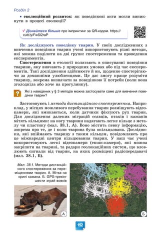 Розділ 2
152

 åâîëþöіéíèé ðîçâèòîê: ÿê ïîâåäіíêîâі àêòè ìîãëè âèíèê-
íóòè â ïðîöåñі åâîëþöії?
Дізнайтеся більше про імпринтинг за QR-кодом. https://
cutt.ly/FwSl2raP
ßê äîñëіäæóþòü ïîâåäіíêó òâàðèí. Ó ñâîїõ äîñëіäæåííÿõ ç
âèâ÷åííÿ ïîâåäіíêè òâàðèí ó÷åíі âèêîðèñòîâóþòü ðіçíі ìåòîäè,
ÿêі ìîæíà ïîäіëèòè íà äâі ãðóïè: ñïîñòåðåæåííÿ òà ïðîâåäåííÿ
åêñïåðèìåíòіâ.
Ñïîñòåðåæåííÿ â åòîëîãії ïîëÿãàþòü â îïèñóâàííі ïîâåäіíêè
òâàðèíè, ÿêó âèâ÷àþòü ó ïðèðîäíèõ óìîâàõ àáî ïіä ÷àñ åêñïåðè-
ìåíòіâ. Òàêі äîñëіäæåííÿ çäіéñíþєòå é âè, ùîäåííî ñïîñòåðіãàþ-
÷è çà äîìàøíіìè óëþáëåíöÿìè. Öå äàє çìîãó êðàùå ðîçóìіòè
òâàðèíó, çîêðåìà âèçíà÷àòè çà ïîâåäіíêîþ її ïîòðåáè (êîëè âîíà
çãîëîäíіëà àáî õî÷å íà ïðîãóëÿíêó).
Які з наведених у § 3 методів можна застосувати саме для вивчення пове-
дінки тварин?
Çàñòîñîâóþòü і ìåòîäè äèñòàíöіéíîãî ñïîñòåðåæåííÿ. Íàïðè-
êëàä, ó ìіñöÿõ ìîæëèâîãî ïåðåáóâàííÿ òâàðèí ðîçìіùóþòü âіäåî-
êàìåðè, ÿêі âìèêàþòüñÿ, êîëè äàò÷èêè ôіêñóþòü ðóõ òâàðèí.
Äëÿ äîñëіäæåííÿ äàëåêèõ ìіãðàöіé ññàâöіâ, ïòàõіâ і êàæàíіâ
ìіòÿòü êіëüöÿìè: íà íîãó òâàðèíè íàäÿãàþòü ëåãêå êіëüöå ç ìåòà-
ëó ÷è ïëàñòèêó (ìàë. 38.1, À). Âîíî ìіñòèòü ïåâíó іíôîðìàöіþ,
çîêðåìà ïðî òå, äå і êîëè òâàðèíà áóëà îêіëüöüîâàíà. Äîñëіäíè-
êè, ÿêі âïіéìàþòü òâàðèíó ç òàêèì êіëüöåì, ïîâіäîìëÿþòü ïðî
öå ìіæíàðîäíі öåíòðè êіëüöþâàííÿ òâàðèí. Ó íàø ÷àñ ó÷åíі
âèêîðèñòîâóþòü ëåãêі âіäåîêàìåðè (åêøí-êàìåðè), ÿêі ìîæíà
çàêðіïèòè íà òâàðèíі, òà ðàäàðè ãåîëîêàöіéíèõ ñèñòåì, ùî âëîâ-
ëþþòü ñèãíàëè âіä òâàðèí, íà ÿêèõ ðîçìіùåíі ðàäіîïåðåäàâà÷і
(ìàë. 38.1, Á).
А
Мал. 38.1. Методи дистанцій-
ного спостереження за пере-
міщеннями тварин. А. Мітка на
крилі кажана. Б. GPS-трекінг
шести зграй вовків
Б
 