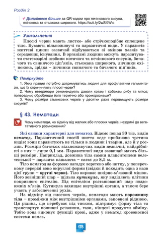 Розділ 2
178
Дізнайтеся більше за QR-кодом про печінкового сисуна,
ехінокока та стьожака широкого. https://cutt.ly/2wSl9Wlc
Узагальнення
Ïëîñêі ÷åðâè ìàþòü ëèñòêî- àáî ñòðі÷êîïîäіáíå ñïëîùåíå
òіëî. Áóâàþòü âіëüíîæèâó÷і òà ïàðàçèòè÷íі âèäè. Ó ïàðàçèòіâ
æèòòєâі öèêëè çàçâè÷àé âіäáóâàþòüñÿ çі çìіíîþ õàçÿїâ òà
ñåðåäîâèù іñíóâàííÿ. Â îðãàíіçìі ëþäèíè ìîæóòü ïàðàçèòóâà-
òè ñòàòåâîçðіëі îñîáèíè êîòÿ÷îãî òà ïå÷іíêîâîãî ñèñóíіâ, áè÷à-
÷îãî òà ñâèíÿ÷îãî öіï’ÿêіâ, ñòüîæàêà øèðîêîãî, ëè÷èíêè åõі-
íîêîêà, çðіäêà – ëè÷èíêè ñâèíÿ÷îãî òà áè÷à÷îãî öіï’ÿêіâ.
Поміркуйте
1. Яких правил потрібно дотримуватись людині для профілактики гельмінто-
зів, що їх спричиняють плоскі черви?
2. Чому ветеринари рекомендують давати котам і собакам рибу та м’ясо,
попередньо обробивши його термічно або проморозивши?
3. Чому розміри стьожкових червів у десятки разів перевищують розміри
сисунів?
§ 43. Нематоди
Чому нематоди, на відміну від жалких або плоских червів, нездатні до веге-
тативного розмноження?
ßêі îçíàêè õàðàêòåðíі äëÿ íåìàòîä. Âіäîìî ïîíàä 30 òèñ. âèäіâ
íåìàòîä. Ïàðàçèòè÷íèé ñïîñіá æèòòÿ âåäå ïðèáëèçíî òðåòèíà
âèäіâ: âîíè ïàðàçèòóþòü íå òіëüêè â ëþäèíè і òâàðèí, àëå é ó ðîñ-
ëèí. Ðîçìіðè áàãàòüîõ âіëüíîæèâó÷èõ âèäіâ íåçíà÷íі, íàéäðіáíі-
øі ç íèõ – ëèøå 0,1 ìì. Ïàðàçèòè÷íі âèäè çàçâè÷àé ìàþòü áіëü-
øі ðîçìіðè. Íàïðèêëàä, äîâæèíà òіëà ñàìêè ïëàöåíòîíåìè âåëå-
òåíñüêîї – ïàðàçèòà êàøàëîòà – ñÿãàє äî 8,5 ì.
Òіëî íåìàòîä çà ôîðìîþ íàãàäóє âåðåòåíî àáî íèòêó, ó ïîïåðå÷-
íîìó ïåðåðіçі âîíî îêðóãëîї ôîðìè (çâіäêè é ïîõîäèòü îäíà ç íàçâ
öієї ãðóïè – êðóãëі ÷åðâè). Òіëî âêðèâàє øêіðíî-ì’ÿçîâèé ìіøîê.
Éîãî çîâíіøíіé øàð – ùіëüíà
ðó ð )
êóòèêóëà, ÿêó âèäіëÿþòü êëіòèíè
ïîêðèâíîãî åïіòåëіþ. Ïіä åïіòåëієì ðîçòàøîâàíèé øàð ïîçäî-
âæíіõ ì’ÿçіâ. Êóòèêóëà çàõèùàє âíóòðіøíі îðãàíè, à òàêîæ áåðå
ó÷àñòü ó çàáåçïå÷åííі ðóõіâ.
Íà âіäìіíó âіä ïëîñêèõ ÷åðâіâ, íåìàòîäè ìàþòü ïîðîæíèíó
òіëà – ïðîìіæêè ìіæ âíóòðіøíіìè îðãàíàìè, çàïîâíåíі ðіäèíîþ.
Öÿ ðіäèíà, ùî ïåðåáóâàє ïіä òèñêîì, ïіäòðèìóє ôîðìó òіëà òà
òðàíñïîðòóє ïîæèâíі ðå÷îâèíè, ãàçè, êіíöåâі ïðîäóêòè îáìіíó.
Òîáòî âîíà âèêîíóє ôóíêöії êðîâі, àäæå ó íåìàòîä êðîâîíîñíîї
ñèñòåìè íåìàє.
 