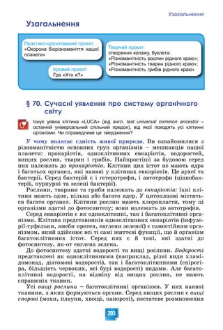 Узагальнення
293
Узагальнення
Творчий проєкт:
створення колажу, буклета:
«Різноманітність рослин рідного краю»;
«Різноманітність тварин рідного краю»;
«Різноманітність грибів рідного краю»
Ігровий проєкт:
Гра «Хто я?»
Практико-орієнтований проєкт:
«Охорона біорізноманіття нашої
планети»
§ 70. Сучасні уявлення про систему органічного
світу
Існує уявна клітина «LUCA» (від англ. last universal common ancestor –
r
останній універсальний спільний предок), від якої походять усі клітинні
організми. Чи справедливе це твердження?
Ó ÷îìó ïîëÿãàє єäíіñòü æèâîї ïðèðîäè. Âè îçíàéîìèëèñÿ ç
ðіçíîìàíіòíіñòþ îñíîâíèõ ãðóï îðãàíіçìіâ – ìåøêàíöіâ íàøîї
ïëàíåòè: ïðîêàðіîòіâ, îäíîêëіòèííèõ åâêàðіîòіâ, âîäîðîñòåé,
âèùèõ ðîñëèí, òâàðèí і ãðèáіâ. Íàéïðîñòіøі çà áóäîâîþ ñåðåä
íèõ íàëåæàòü äî ïðîêàðіîòіâ. Êëіòèíè öèõ іñòîò íå ìàþòü ÿäðà
і áàãàòüîõ îðãàíåë, ÿêі íàÿâíі ó êëіòèíàõ åâêàðіîòіâ. Öå àðõåї òà
áàêòåðії. Ñåðåä áàêòåðіé є і ãåòåðîòðîôè, і àâòîòðîôè (öіàíîáàê-
òåðії, ïóðïóðíі òà çåëåíі áàêòåðії).
Ðîñëèíè, òâàðèíè òà ãðèáè íàëåæàòü äî åâêàðіîòіâ: їõíі êëі-
òèíè ìàþòü îäíå, êіëüêà àáî áàãàòî ÿäåð. Ó öèòîïëàçìі ìіñòèòü-
ñÿ áàãàòî îðãàíåë. Êëіòèíè ðîñëèí ìàþòü õëîðîïëàñòè, òîìó öі
îðãàíіçìè çäàòíі äî ôîòîñèíòåçó; âîíè íàëåæàòü äî àâòîòðîôіâ.
Ñåðåä åâêàðіîòіâ є ÿê îäíîêëіòèííі, òàê і áàãàòîêëіòèííі îðãà-
íіçìè. Êëіòèíà ïðåäñòàâíèêіâ îäíîêëіòèííèõ åâêàðіîòіâ (іíôóçî-
ðії-òóôåëüêè, àìåáè ïðîòåÿ, åâãëåíè çåëåíîї) є ñàìîñòіéíèì îðãà-
íіçìîì, ÿêèé çäіéñíþє âñі òі ñàìі æèòòєâі ôóíêöії, ùî é îðãàíіçì
áàãàòîêëіòèííèõ іñòîò. Ñåðåä íèõ є é òàêі, ÿêі çäàòíі äî
ôîòîñèíòåçó, ÿê-îò åâãëåíà çåëåíà.
Äî ôîòîñèíòåçó çäàòíі âîäîðîñòі òà âèùі ðîñëèíè. Âîäîðîñòі
ïðåäñòàâëåíі ÿê îäíîêëіòèííèìè (íàïðèêëàä, ðіçíі âèäè õëàìі-
äîìîíàä, äіàòîìîâі âîäîðîñòі), òàê і áàãàòîêëіòèííèìè (ñïіðîãі-
ðà, áіëüøіñòü ÷åðâîíèõ, âñі áóðі âîäîðîñòі) âèäàìè. Àëå áàãàòî-
êëіòèííі âîäîðîñòі, íà âіäìіíó âіä âèùèõ ðîñëèí, íå ìàþòü
ñïðàâæíіõ òêàíèí.
Óñі âèùі ðîñëèíè – áàãàòîêëіòèííі îðãàíіçìè. Ó íèõ íàÿâíі
òêàíèíè, ç ÿêèõ ôîðìóþòüñÿ îðãàíè. Ñåðåä âèùèõ ðîñëèí є âèùі
ñïîðîâі (ìîõè, ïëàóíè, õâîùі, ïàïîðîòі), íåñòàòåâå ðîçìíîæåííÿ
 