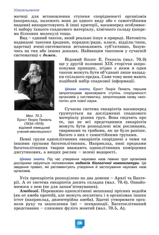 Узагальнення
296
ìàòèöі äëÿ âñòàíîâëåííÿ ñòóïåíÿ ñïîðіäíåíîñòі îðãàíіçìіâ
(íàïðèêëàä, íàëåæàòü âîíè äî îäíîãî âèäó àáî є ñàìîñòіéíèìè
âèäàìè) âèêîðèñòîâóþòü é іíøі êðèòåðії, íàñàìïåðåä îñîáëèâîñ-
òі íàáîðó їõíüîãî ñïàäêîâîãî ìàòåðіàëó, õіìі÷íîãî ñêëàäó (çîêðå-
ìà áіëêîâèõ ìîëåêóë) òîùî.
Âèä – єäèíèé òàêñîí, ÿêèé ðåàëüíî іñíóє â ïðèðîäі. Íàòîìіñòü
íàäâèäîâі òàêñîíè (ðîäèíè, ïîðÿäêè/ðÿäè, êëàñè, âіääіëè/òèïè,
öàðñòâà) â÷åíі-ñèñòåìàòèêè âñòàíîâëþþòü ñóá’єêòèâíî, áàçóþ-
÷èñü íà òèõ àáî іíøèõ äîêàçàõ. Íàéâèùèì òàêñîíîì ó ñó÷àñíіé
ñèñòåìàòèöі є äîìåí.
Âіäîìèé áіîëîã Å. Ãåêêåëü (ìàë. 70.3)
ùå ó äðóãіé ïîëîâèíі ÕІÕ ñòîðі÷÷ÿ çàïðî-
ïîíóâàâ ïðèíöèï, çãіäíî ç ÿêèì â îäèí
òàêñîí ìîæóòü áóòè îá’єäíàíі ëèøå íàùàä-
êè ñïіëüíîãî ïðåäêà. Ñàìå òîìó âîíè ìàþòü
ïîäіáíèé íàáіð ñïàäêîâîї іíôîðìàöії.
Цікаво знати. Ернст Генріх Геккель першим
запропонував враховувати ступінь спорідненості
організмів у систематиці, запропонував назву «еко-
логія» для нової науки.
Ñó÷àñíà ñèñòåìà åâêàðіîòіâ íàñàìïåðåä
ґðóíòóєòüñÿ íà äîñëіäæåííі ñïàäêîâîãî
ìàòåðіàëó ðіçíèõ ãðóï. Âîíà ñâіä÷èòü ïðî
òå, ùî íå âñі ïðåäñòàâíèêè åâêàðіîòіâ
ìîæóòü áóòè ðîçïîäіëåíі ìіæ ðîñëèíàìè,
òâàðèíàìè òà ãðèáàìè, ÿê öå áóëî ðàíіøå.
Áàãàòî ç íèõ є ñàìîñòіéíèìè ãðóïàìè.
Ïåâíі ãðóïè îäíîêëіòèííèõ åâêàðіîòіâ ñïîðіäíåíі ç òèìè ÷è
іíøèìè ãðóïàìè áàãàòîêëіòèííèõ. Íàïðèêëàä, íèíі ïðåäêàìè
áàãàòîêëіòèííèõ òâàðèí ââàæàþòü îäíîêëіòèííèõ êîìіðöåâèõ
äæãóòèêîâèõ, à âèùèõ ðîñëèí – çåëåíі âîäîðîñòі.
Цікаво знати. Під час утворення наукових назв певних груп організмів
дослідники керуються положеннями кодексів біологічної номенклатури. Це
зведення правил, які регламентують утворення й застосування наукових назв
організмів.
Óñіõ ïðîêàðіîòіâ ðîçïîäіëåíî íà äâà äîìåíè – Àðõåї òà Áàêòå-
ðії. À îò ñèñòåìà åâêàðіîòіâ äîñèòü ñêëàäíà (ìàë. 70.4). Îçíàéî-
ìèìîñÿ ç íåþ (íå äëÿ çàïàì’ÿòîâóâàííÿ).
Àìåáîçîї. Ïåðåâàæíî îäíîêëіòèííі ìåøêàíöі ïðіñíèõ âîäîéì
(ÿê-îò àìåáà ïðîòåé), àëå ìîæóòü îñåëÿòèñü і â îðãàíіçìàõ іíøèõ
іñòîò (íàïðèêëàä, äèçåíòåðіéíà àìåáà). Çäàòíі óòâîðþâàòè îðãà-
íåëè ðóõó òà çàõîïëåííÿ їæі – ïñåâäîïîäії. Áàãàòîêëіòèííèé
ïðåäñòàâíèê – ñëèçîâèê ôóëіãî æîâòèé (ìàë. 70.5, À).
Мал. 70.3.
Ернст Генріх Геккель
(1834–1919):
відомий німецький
учений-еволюціоніст
 