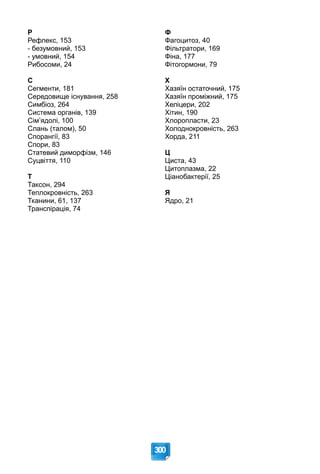300
Р
Рефлекс, 153
- безумовний, 153
- умовний, 154
Рибосоми, 24
С
Сегменти, 181
Середовище існування, 258
Симбіоз, 264
Система органів, 139
Сім’ядолі, 100
Слань (талом), 50
Спорангії, 83
Спори, 83
Статевий диморфізм, 146
Суцвіття, 110
Т
Таксон, 294
Теплокровність, 263
Тканини, 61, 137
Транспірація, 74
Ф
Фагоцитоз, 40
Фільтратори, 169
Фіна, 177
Фітогормони, 79
Х
Хазяїн остаточний, 175
Хазяїн проміжний, 175
Хеліцери, 202
Хітин, 190
Хлоропласти, 23
Холоднокровність, 263
Хорда, 211
Ц
Циста, 43
Цитоплазма, 22
Ціанобактерії, 25
Я
Ядро, 21
 