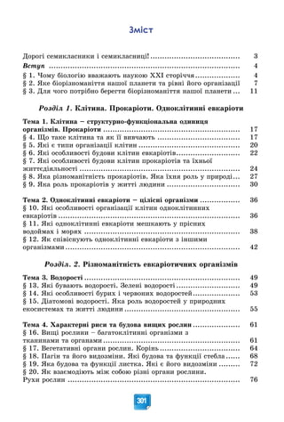 301
Зміст
Äîðîãі ñåìèêëàñíèêè і ñåìèêëàñíèöі! ...................................... 3
Âñòóï ................................................................................. 4
§ 1. ×îìó áіîëîãіþ ââàæàþòü íàóêîþ ÕÕІ ñòîðі÷÷ÿ................... 4
§ 2. ßêå áіîðіçíîìàíіòòÿ íàøîї ïëàíåòè òà ðіâíі éîãî îðãàíіçàöії 7
§ 3. Äëÿ ÷îãî ïîòðіáíî áåðåãòè áіîðіçíîìàíіòòÿ íàøîї ïëàíåòè ... 11
Ðîçäіë 1. Êëіòèíà. Ïðîêàðіîòè. Îäíîêëіòèííі åâêàðіîòè
Òåìà 1. Êëіòèíà – ñòðóêòóðíî-ôóíêöіîíàëüíà îäèíèöÿ
îðãàíіçìіâ. Ïðîêàðіîòè .......................................................... 17
§ 4. Ùî òàêå êëіòèíà òà ÿê її âèâ÷àþòü ................................... 17
§ 5. ßêі є òèïè îðãàíіçàöії êëіòèí ........................................... 20
§ 6. ßêі îñîáëèâîñòі áóäîâè êëіòèí åâêàðіîòіâ........................... 22
§ 7. ßêі îñîáëèâîñòі áóäîâè êëіòèí ïðîêàðіîòіâ òà їõíüîї
æèòòєäіÿëüíîñòі .................................................................... 24
§ 8. ßêà ðіçíîìàíіòíіñòü ïðîêàðіîòіâ. ßêà їõíÿ ðîëü ó ïðèðîäі... 27
§ 9. ßêà ðîëü ïðîêàðіîòіâ ó æèòòі ëþäèíè ............................... 30
Òåìà 2. Îäíîêëіòèííі åâêàðіîòè – öіëіñíі îðãàíіçìè ................. 36
§ 10. ßêі îñîáëèâîñòі îðãàíіçàöії êëіòèí îäíîêëіòèííèõ
åâêàðіîòіâ ............................................................................. 36
§ 11. ßêі îäíîêëіòèííі åâêàðіîòè ìåøêàþòü ó ïðіñíèõ
âîäîéìàõ і ìîðÿõ .................................................................. 38
§ 12. ßê ñïіâіñíóþòü îäíîêëіòèííі åâêàðіîòè ç іíøèìè
îðãàíіçìàìè .......................................................................... 42
Ðîçäіë. 2. Ðіçíîìàíіòíіñòü åâêàðіîòè÷íèõ îðãàíіçìіâ
Òåìà 3. Âîäîðîñòі .................................................................. 49
§ 13. ßêі áóâàþòü âîäîðîñòі. Çåëåíі âîäîðîñòі ........................... 49
§ 14. ßêі îñîáëèâîñòі áóðèõ і ÷åðâîíèõ âîäîðîñòåé.................... 53
§ 15. Äіàòîìîâі âîäîðîñòі. ßêà ðîëü âîäîðîñòåé ó ïðèðîäíèõ
åêîñèñòåìàõ òà æèòòі ëþäèíè ................................................. 55
Òåìà 4. Õàðàêòåðíі ðèñè òà áóäîâà âèùèõ ðîñëèí .................... 61
§ 16. Âèùі ðîñëèíè – áàãàòîêëіòèííі îðãàíіçìè ç
òêàíèíàìè òà îðãàíàìè.......................................................... 61
§ 17. Âåãåòàòèâíі îðãàíè ðîñëèí. Êîðіíü .................................. 64
§ 18. Ïàãіí òà éîãî âèäîçìіíè. ßêі áóäîâà òà ôóíêöії ñòåáëà...... 68
§ 19. ßêà áóäîâà òà ôóíêöії ëèñòêà. ßêі є éîãî âèäîçìіíè ......... 72
§ 20. ßê âçàєìîäіþòü ìіæ ñîáîþ ðіçíі îðãàíè ðîñëèíè.
Ðóõè ðîñëèí ......................................................................... 76
 