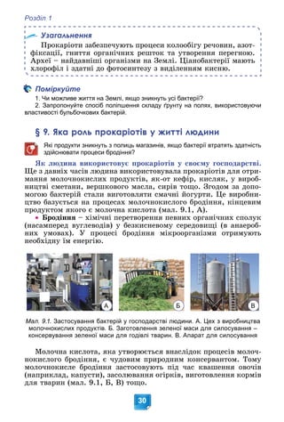 Розділ 1
30
Узагальнення
Ïðîêàðіîòè çàáåçïå÷óþòü ïðîöåñè êîëîîáіãó ðå÷îâèí, àçîò-
ôіêñàöії, ãíèòòÿ îðãàíі÷íèõ ðåøòîê òà óòâîðåííÿ ïåðåãíîþ.
Àðõåї – íàéäàâíіøі îðãàíіçìè íà Çåìëі. Öіàíîáàêòåðії ìàþòü
õëîðîôіë і çäàòíі äî ôîòîñèíòåçó ç âèäіëåííÿì êèñíþ.
Поміркуйте
1. Чи можливе життя на Землі, якщо зникнуть усі бактерії?
2. Запропонуйте спосіб поліпшення складу ґрунту на полях, використовуючи
властивості бульбочкових бактерій.
§ 9. Яка роль прокаріотів у житті людини
Які продукти зникнуть з полиць магазинів, якщо бактерії втратять здатність
здійснювати процеси бродіння?
ßê ëþäèíà âèêîðèñòîâóє ïðîêàðіîòіâ ó ñâîєìó ãîñïîäàðñòâі.
Ùå ç äàâíіõ ÷àñіâ ëþäèíà âèêîðèñòîâóâàëà ïðîêàðіîòіâ äëÿ îòðè-
ìàííÿ ìîëî÷íîêèñëèõ ïðîäóêòіâ, ÿê-îò êåôіð, êèñëÿê, ó âèðîá-
íèöòâі ñìåòàíè, âåðøêîâîãî ìàñëà, ñèðіâ òîùî. Çãîäîì çà äîïî-
ìîãîþ áàêòåðіé ñòàëè âèãîòîâëÿòè ñìà÷íі éîãóðòè. Öå âèðîáíè-
öòâî áàçóєòüñÿ íà ïðîöåñàõ ìîëî÷íîêèñëîãî áðîäіííÿ, êіíöåâèì
ïðîäóêòîì ÿêîãî є ìîëî÷íà êèñëîòà (ìàë. 9.1, À).
 Áðîäіííÿ – õіìі÷íі ïåðåòâîðåííÿ ïåâíèõ îðãàíі÷íèõ ñïîëóê
(íàñàìïåðåä âóãëåâîäіâ) ó áåçêèñíåâîìó ñåðåäîâèùі (â àíàåðîá-
íèõ óìîâàõ). Ó ïðîöåñі áðîäіííÿ ìіêðîîðãàíіçìè îòðèìóþòü
íåîáõіäíó їì åíåðãіþ.
Мал. 9.1. Застосування бактерій у господарстві людини. А. Цех з виробництва
молочнокислих продуктів. Б. Заготовлення зеленої маси для силосування –
консервування зеленої маси для годівлі тварин. В. Апарат для силосування
Ìîëî÷íà êèñëîòà, ÿêà óòâîðþєòüñÿ âíàñëіäîê ïðîöåñіâ ìîëî÷-
íîêèñëîãî áðîäіííÿ, є ÷óäîâèì ïðèðîäíèì êîíñåðâàíòîì. Òîìó
ìîëî÷íîêèñëå áðîäіííÿ çàñòîñîâóþòü ïіä ÷àñ êâàøåííÿ îâî÷іâ
(íàïðèêëàä, êàïóñòè), çàñîëþâàííÿ îãіðêіâ, âèãîòîâëåííÿ êîðìіâ
äëÿ òâàðèí (ìàë. 9.1, Á, Â) òîùî.
А Б В
 