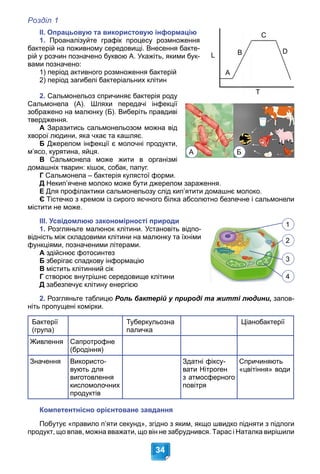 Розділ 1
34
ІІ. Опрацьовую та використовую інформацію
1. Проаналізуйте графік процесу розмноження
бактерій на поживному середовищі. Внесення бакте-
рій у розчин позначено буквою А. Укажіть, якими бук-
вами позначено:
1) період активного розмноження бактерій
2) період загибелі бактеріальних клітин
2. Сальмонельоз спричиняє бактерія роду
Сальмонела (А). Шляхи передачі інфекції
зображено на малюнку (Б). Виберіть правдиві
твердження.
А Заразитись сальмонельозом можна від
хворої людини, яка чхає та кашляє.
Б Джерелом інфекції є молочні продукти,
м’ясо, курятина, яйця.
В Сальмонела може жити в організмі
домашніх тварин: кішок, собак, папуг.
Г Сальмонела – бактерія кулястої форми.
Д Некип’ячене молоко може бути джерелом зараження.
Е Для профілактики сальмонельозу слід кип’ятити домашнє молоко.
Є Тістечко з кремом із сирого яєчного білка абсолютно безпечне і сальмонели
містити не може.
ІІІ. Усвідомлюю закономірності природи
1. Розгляньте малюнок клітини. Установіть відпо-
відність між складовими клітини на малюнку та їхніми
функціями, позначеними літерами.
А здійснює фотосинтез
Б зберігає спадкову інформацію
В містить клітинний сік
Г створює внутрішнє середовище клітини
Д забезпечує клітину енергією
2. Розгляньте таблицю Роль бактерій у природі та житті людини, запов-
ніть пропущені комірки.
Бактерії
(група)
Туберкульозна
паличка
Ціанобактерії
Живлення Сапротрофне
(бродіння)
Значення Використо-
вують для
виготовлення
кисломолочних
продуктів
Здатні фіксу-
вати Нітроген
з атмосферного
повітря
Спричиняють
«цвітіння» води
Компетентнісно орієнтоване завдання
Побутує «правило п’яти секунд», згідно з яким, якщо швидко підняти з підлоги
продукт, що впав, можна вважати, що він не забруднився. Тарас і Наталка вирішили
L
T
A
B
C
D
1
2
3
4
А Б
 