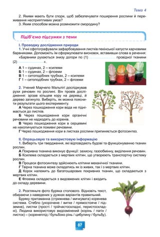 Тема 4
87
2. Якими мають бути спори, щоб забезпечувати поширення рослини й пере-
живання несприятливих умов?
3. Яким способом можна розмножити смородину?
Підіб’ємо підсумки з теми
І. Проводжу дослідження природи
1. Учні сфотографували зафарбовування листків пекінської капусти харчовими
барвниками. Допоможіть їм сформулювати висновок, вставивши слова в речення:
«Барвники рухаються знизу догори по (1) провідної тканини
(2) ».
А 1 – судинах, 2 – ксилеми
Б 1 – судинах, 2 – флоеми
В 1 – ситоподібних трубках, 2 – ксилеми
Г 1 – ситоподібних трубках, 2 – флоеми
2. Учений Марчело Мальпігі досліджував
рухи речовин по рослині. Він провів дослі-
дження: зрізав кільцем кору на деревці, й
дерево загинуло. Виберіть, як можна поясни-
ти результати цього експерименту.
А Через пошкодження кори вода не підні-
мається до листків.
Б Через пошкодження кори органічні
речовини не надходять до коренів.
В Через пошкодження кори в серцевині
не накопичуються поживні речовини.
Г Через пошкодження кори в листках рослини припиняється фотосинтез.
ІІ. Опрацьовую та використовую інформацію
1. Виберіть три твердження, які відповідають будові та функціонуванню тканин
рослин.
А Покривна тканина виконує функції: захисну, газообмінну, виділення речовин.
Б Ксилема складається з мертвих клітин, що утворюють транспортну систему
рослин.
В Процеси фотосинтезу здійснюють клітини механічної тканини.
Г Твірна тканина може складатись як із живих, так і з мертвих клітин.
Д Корок належить до багатошарових покривних тканин, що складаються з
мертвих клітин.
Е Флоема складається з видовжених клітин і входить
до складу деревини.
2. Розгляньте фото буряка столового. Відновіть текст,
обираючи з наведених у дужках варіантів правильний.
Буряку притаманна (стрижнева / мичкувата) коренева
система. Стебло (укорочене / витке / прямостояче / під-
земне), листки (прості / трійчастоскладні, перистосклад-
ні). Людина використовує видозмінений (корінь / пагін /
листок) – (коренеплід / бульбоко рінь / цибулину / бульбу).
 