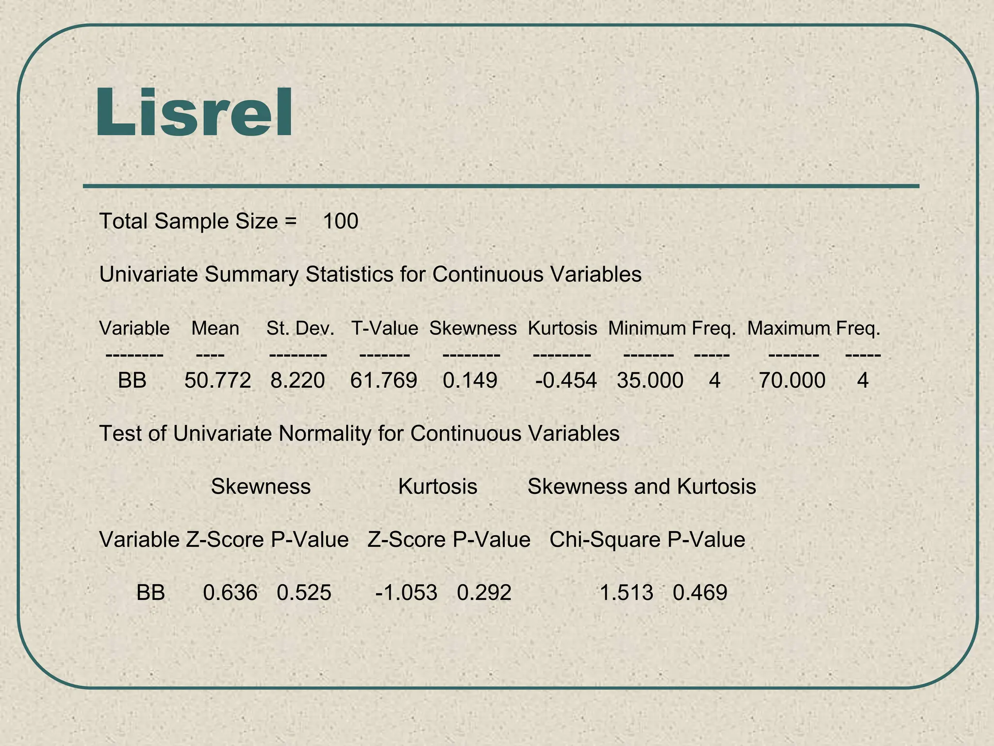 Lisrel
Total Sample Size = 100
Univariate Summary Statistics for Continuous Variables
Variable Mean St. Dev. T-Value Skewness Kurtosis Minimum Freq. Maximum Freq.
-------- ---- -------- ------- -------- -------- ------- ----- ------- -----
BB 50.772 8.220 61.769 0.149 -0.454 35.000 4 70.000 4
Test of Univariate Normality for Continuous Variables
Skewness Kurtosis Skewness and Kurtosis
Variable Z-Score P-Value Z-Score P-Value Chi-Square P-Value
BB 0.636 0.525 -1.053 0.292 1.513 0.469
 