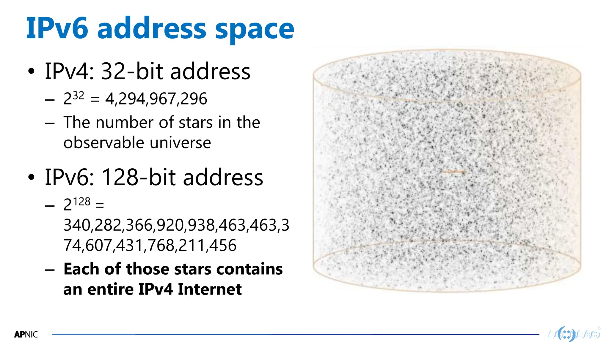 8
8
IPv6 address space
• IPv4: 32-bit address
– 232 = 4,294,967,296
– The number of stars in the
observable universe
• IPv6: 128-bit address
– 2128 =
340,282,366,920,938,463,463,3
74,607,431,768,211,456
– Each of those stars contains
an entire IPv4 Internet
 