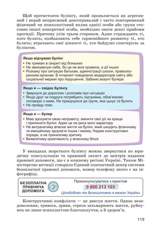 119
Щоб протистояти булінгу, який проявляється як агресив­
ний і вкрай неприємний довготривалий і часто повторюваний
фізичний чи психологічний вплив однієї особи або групи сто­
совно іншої конкретної особи, необхідно знати деякі прийоми
протидії. Причому усім трьом сторонам. Адже страждають ті,
кого булять; позбавляють себе гармонійного розвитку ті, хто
булить; втрачають свої цінності ті, хто байдуже спостерігає за
булінгом.
Якщо відчуваю булінг
• Не тримаю в секреті від близьких
• Не звинувачую себе, бо це не моя провина, а дії інших
• Розкажу про ситуацію батькам, адміністрації школи, правоохо-
ронним органам. В інтернеті повідомлю модераторів сайту або
соціальної мережі про порушення. Забаню акаунт булера
Якщо я — свідок булінгу
• Звернуся до дорослих і розповім про ситуацію
• Якщо друг чи подруга потребують підтримки, обов’язково
поговорю з ними. Не приєднуюся до групи, яка цькує та булить
• Не пройду повз
Якщо я — булер
• Маю зрозуміти свою неправоту, змінити свої дії на краще
і припинити булінг. Адже це не риса мого характеру
• Не витрачатиму власне життя на булінг, який шкодить фізичному
та емоційному здоров’ю інших і моєму. Надам конструктивні
поради, а не принизливу критику
• Виявлятиму креативність у власному блозі
У випадках жорсткого булінгу можна звернутися по юри­
дичну консультацію та правовий захист до центрів надання
правової допомоги, що є в кожному регіоні Україні. Також Мі­
ністерство юстиції створило Єдиний контактний центр системи
безоплатної правової допомоги, номер телефону якого є на ін­
фографіці.
Безоплатна
правнича
допомога
Проконсультуватися з юристом
0 800 213 103
Цілодобово та безкоштовно в межах України
Конструктивні конфлікти — це двигун життя. Однак неза­
доволення, тривога, зриви, стреси затьмарюють життя, руйну­
ють не лише психологічне благополуччя, а й здоров’я.
 