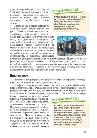 121
стрес є відповіддю організму на
будь-яку вимогу до нього та до­
помагає організму пристосову­
ватися до нових умов, долати
труднощі, розв’язувати проб­
леми.
Наприклад, родина втратила
будинок через потрапляння сна­
ряду. Найсильніше душевне по­
трясіння переживає дідусь,
адже він будував цей будинок після
того, як довелося залишити усе
своє майно в зоні радіоактивного за­
бруднення після катастрофи на
Чорнобильській АЕС. Міжнародна
організація надала родині тимчасо­
ве мобільне житло, обладнане всім
необхідним, а держава виплатила
компенсацію для будівництва нового будинку. Дідусь знову пе­
реживає стрес такої самої сили. Результати двох подій — тра­
гічної й радісної — абсолютно різні, але сила їх стресового
впливу на ментальне здоров’я може бути однаковою, оскільки
доведеться пристосовуватися до нової ситуації.
Види стресу
Стреси класифікують за сферою вияву або сферою життєді­
яльності, а також за наслідками впливу.
За сферою вияву визначають такі види стресів: фізіологіч­
ний і ментальний. Фізіологічний стрес проявляється болем,
розладами в роботі серця, травної системи тощо. Він може бути
спричинений певним стресором — подією, що пов’язана з пере­
їздом, переведенням до нової
школи, проблемами з транспор­
том, стихійними лихами, тобто
фізичними змінами в житті.
Оскільки наше здоров’я є ціліс­
ною системою, то разом з фізіо­
логічними стресами трапляються
ментальні. Можна вважати їх
відповіддю на той самий стре­
сор, але із впливом на ментальне
здоров’я: ідеться про зміни емо­
ційного стану в певний момент
До скарбнички слiв
Стрес (від англ. stress — «тиск,
натискання, напруження») —
це надмірне психологічне
або фізичне напруження,
яке супроводжується
підвищеною активністю.
До скарбнички слiв
Стресор — це певний чинник,
що може стати причиною
стресу. Це може бути погана
чи хороша звістка, грубе слово,
несправедливість, образа. Крім
життєвих подій, стресорами
можуть бути мікроби, віруси,
некомфортна температура
повітря, травма тощо.
 