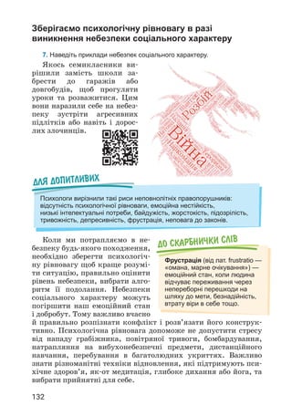 132
Зберігаємо психологічну рівновагу в разі
виникнення небезпеки соціального характеру
7. Наведіть приклади небезпек соціального характеру.
Якось семикласники ви­
рішили замість школи за­
брести до гаражів або
довгобудів, щоб прогуляти
уроки та розважитися. Цим
вони наразили себе на небез­
пеку зустріти агресивних
підлітків або навіть і дорос­
лих злочинців.
Для допитливих
Психологи вирізнили такі риси неповнолітніх правопорушників:
відсутність психологічної рівноваги, емоційна нестійкість,
низькі інтелектуальні потреби, байдужість, жорстокість, підозрілість,
тривожність, депресивність, фрустрація, неповага до законів.
Коли ми потрапляємо в не­
безпеку будь-якого походження,
необхідно зберегти психологіч­
ну рівновагу щоб краще розумі­
ти ситуацію, правильно оцінити
рівень небезпеки, вибрати алго­
ритм її подолання. Небезпеки
соціального характеру можуть
погіршити наш емоційний стан
і добробут. Тому важливо вчасно
й правильно розпізнати конфлікт і розв’язати його конструк­
тивно. Психологічна рівновага допоможе не допустити стресу
від нападу грабіжника, повітряної тривоги, бомбардування,
натрапляння на вибухонебезпечні предмети, дистанційного
навчання, перебування в багатолюдних укриттях. Важливо
знати різноманітні техніки відновлення, які підтримують пси­
хічне здоров’я, як-от медитація, глибоке дихання або йога, та
вибрати прийнятні для себе.
До скарбнички слiв
Фрустрація (від лат. frustratio —
«омана, марне очікування») —
емоційний стан, коли людина
відчуває переживання через
непереборні перешкоди на
шляху до мети, безнадійність,
втрату віри в себе тощо.
 