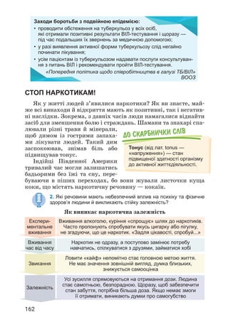 162
Вживання алкоголю, куріння «спрощує» шлях до наркотиків.
Часто пропонують спробувати якусь цигарку або пігулку,
не згадуючи, що це наркотик. «Задля цікавості, спробуй...»
Наркотик не одразу, а поступово замінює потребу
навчатись, спілкуватися з друзями, займатися хобі
Ловити «кайф» непомітно стає головною метою життя.
Не має значення зовнішній вигляд, думка близьких,
знижується самооцінка
Усі зусилля спрямовуються на отримання дози. Людина
стає самотньою, безпорадною. Щоразу, щоб забезпечити
стан забуття, потрібна більша доза. Якщо немає змоги
її отримати, виникають думки про самогубство
СТОП НАРКОТИКАМ!
Як у житті людей з’явилися наркотики? Як ви знаєте, май­
же всі винаходи й відкриття мають як позитивні, так і негатив­
ні наслідки. Зокрема, з давніх часів люди намагалися віднайти
засіб для зменшення болю і страждань. Шамани та знахарі спа­
лювали різні трави й мінерали,
щоб димом із гострими запаха­
ми лікувати людей. Такий дим
заспокоював, знімав біль або
підвищував тонус.
Індійці Південної Америки
тривалий час могли залишатись
бадьорими без їжі та сну, пере­
буваючи в піших переходах, бо вони жували листочки куща
коки, що містять наркотичну речовину — кокаїн.
2. Які речовини мають небезпечний вплив на психіку та фізичне
здоров’я людини й викликають стійку залежність?
До скарбнички слiв
Тонус (від лат. tonus —
«напруження») — стан
підвищеної здатності організму
до активної життєдіяльності.
Заходи боротьби з подвійною епідемією:
• проводити обстеження на туберкульоз у всіх осіб,
які отримали позитивні результати ВІЛ-тестування і щоразу —
під час подальших їх звернень за медичною допомогою;
• у разі виявлення активної форми туберкульозу слід негайно
починати лікування;
• усім пацієнтам із туберкульозом надавати послуги консультуван-
ня з питань ВІЛ і рекомендувати пройти ВІЛ-тестування.
«Попередня політика щодо співробітництва в галузі ТБ/ВІЛ»
ВООЗ
Як виникає наркотична залежність
Експери-
ментальне
вживання
Вживання
час від часу
Звикання
Залежність
 