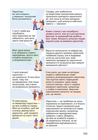 165
Мені зараз важко,
я не збираюся ставати
наркоманом, просто мені
потрібно впоратися
з неприємностями
Наркотики,
які застосовують
у медицині, нешкідливі.
Вони допомагають
Справді, для знеболення
за медичними показаннями можуть
призначати препарати наркотичної
дії, але лише в гострих випадках,
ненадовго, щоб уникнути побічного
ефекту — звикання
У житті треба все
спробувати,
легкі наркотики не такі
небезпечні, зате вони
дають нові відчуття
Кожен і кожна з нас потребують
цікавого життя, але не в усіх вистачає
фантазії та працелюбства зробити
його таким. Більшість успішних людей
жодного разу не вживала наркотиків
Наркотики — це проблема не лише
наркомана чи наркоманки, а й їхнього
оточення. Задля отримання дози
наркозалежні не зупиняються перед
порушенням закону, наприклад
займаються наркодилерством,
грабують і навіть убивають.
Це вже не особиста справа —
це кримінальні злочини, за які
передбачено відповідальність
за законом
Я сама вирішу,
чи вживатиму наркотики —
це моя особиста справа.
Мені це потрібно, щоб мій
хлопець вважав мене
дорослою, щоб справити
враження на нього і його
друзів
Слід знати, що саме на молодих
людей із забезпечених сімей
полюють розповсюджувачі наркотиків.
Такі підлітки мають підвищений
ризик їх отримати, адже серед
«золотої молоді» часто є нормою
вживання наркотиків, наприклад
у клубах із компанією. Зрештою
наркозалежні виносять на продаж
усе, що можна
У моїй компанії
наркотики —
це нормально. Я хочу бути
своїм, тому теж
не відмовлюся. Але лише
кілька разів, тож у мене
не розвинеться залежність
Відчуття полегшення та ейфорії від
першого-другого прийому наркотиків
позбавляє страху, але й відкриває
шлях до наступних доз, який
неминуче призведе до наркотичної
залежності й погіршення вже наявної
неприємної дійсності
 